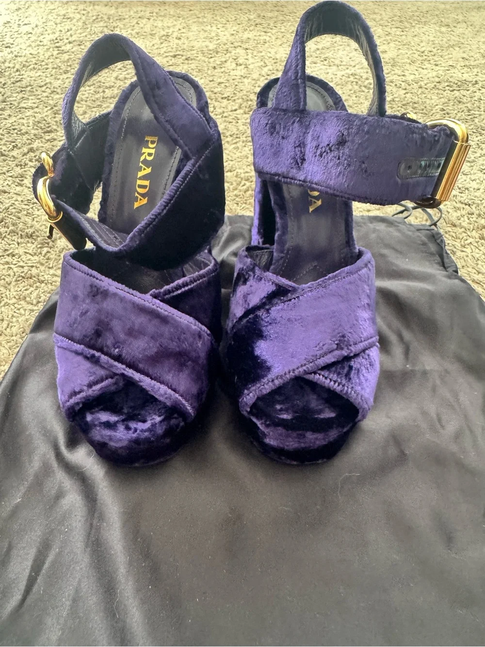 Prada Purple Velvet Platform Heels with Gold Buckle